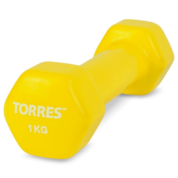 Гантель TORRES 1 кг, PL522202, металл в виниловой оболочке, форма шестигранник, лимонный